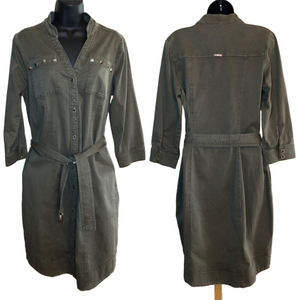 WHBM Military Utility Belt Studded Pockets Dress 3Q Sleeve Olive FITS LIKE S/M